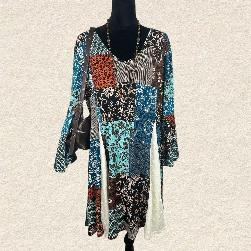 The Paisley Grace Boutique Fairycore Boho Patchwork Dress with Flared Sleeves